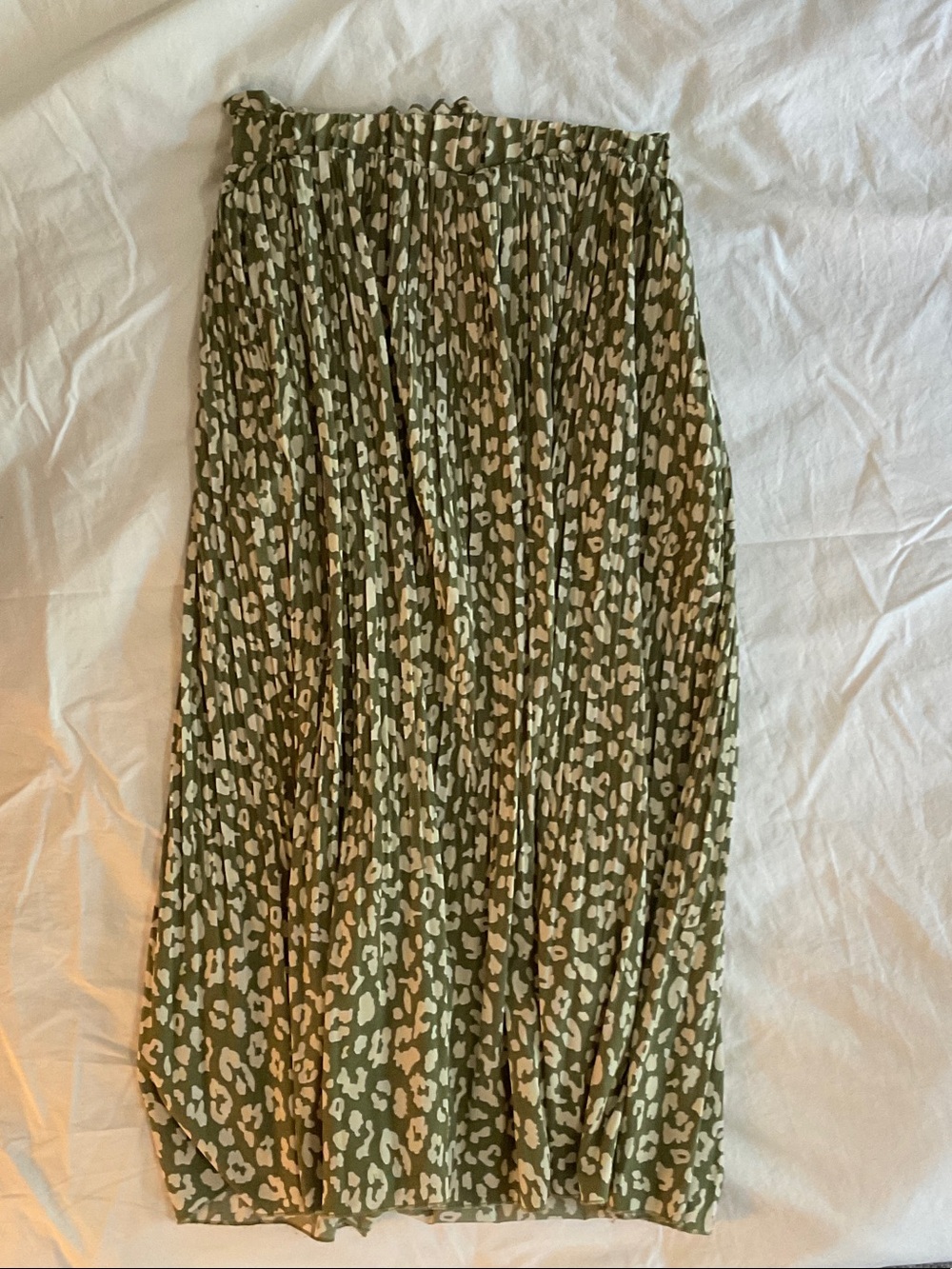 Olive Green Printed Pleated Midi Skirt